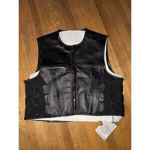 Men's Black Bullet Proof Style Leather Vest with Side Straps Gun Pockets Biker